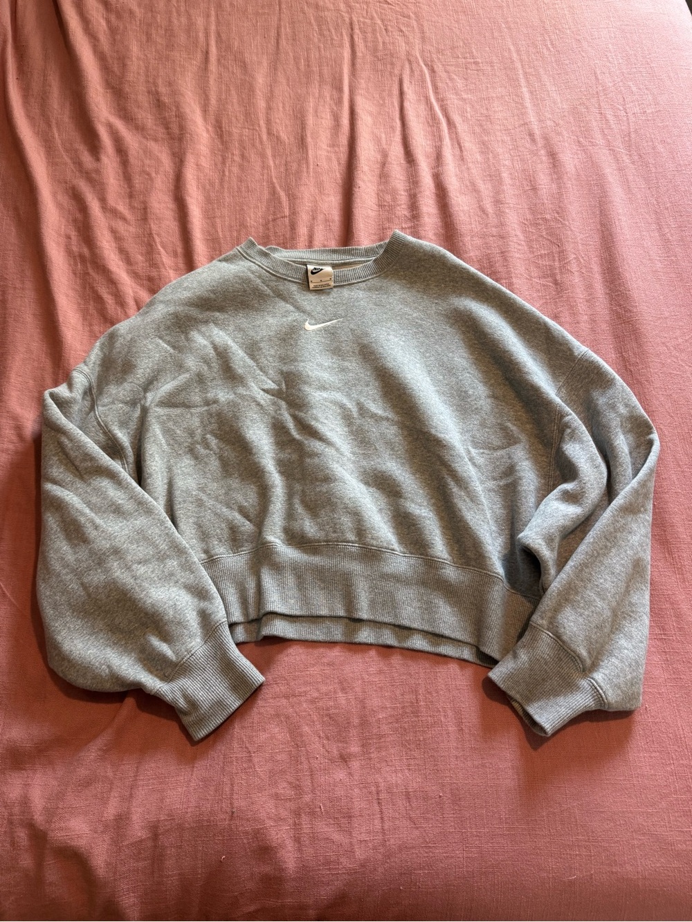 Nike Gray Cropped Crew Sweatshirt with White Swoosh